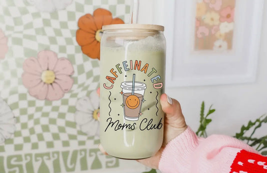 Caffeinated Mom’s Club 16 oz Glass Cup with Bamboo Lid