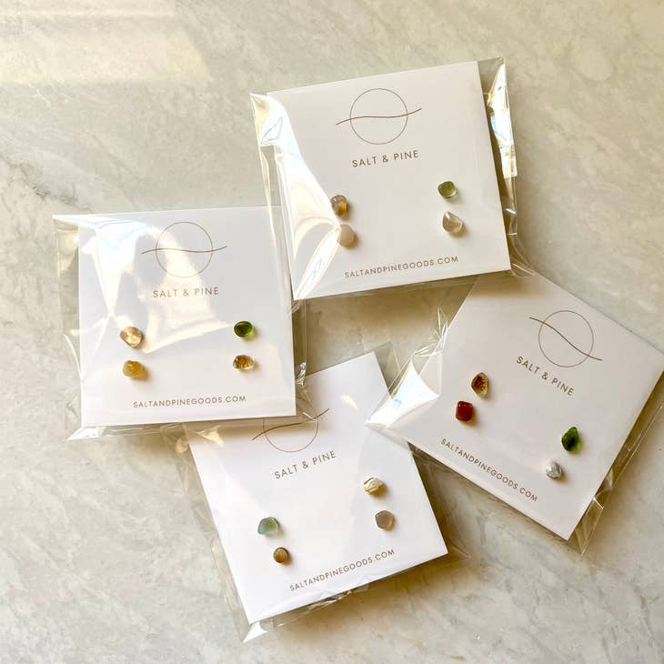 Mini Sea Glass and Sea Stone Stud Earring Set