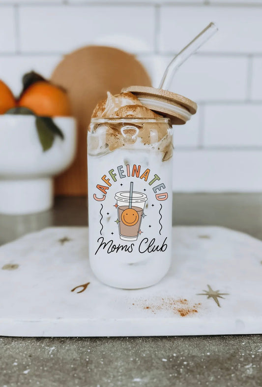 Caffeinated Mom’s Club 16 oz Glass Cup with Bamboo Lid